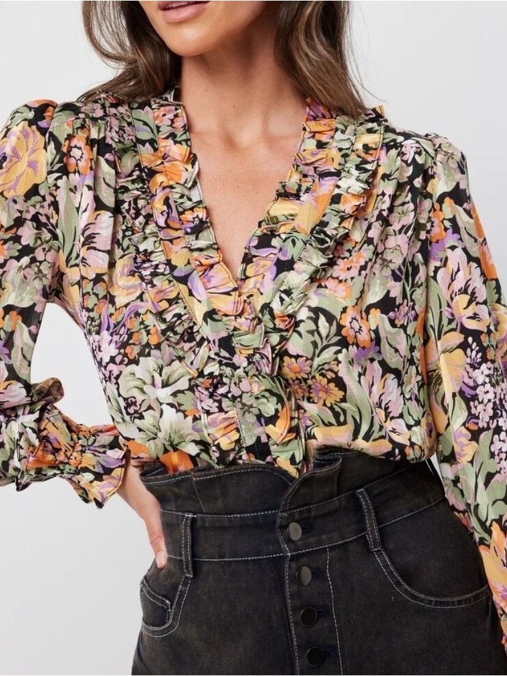 Next to New Elliatt Gokita Floral Ruffle V-Neck Blouse Sz XS